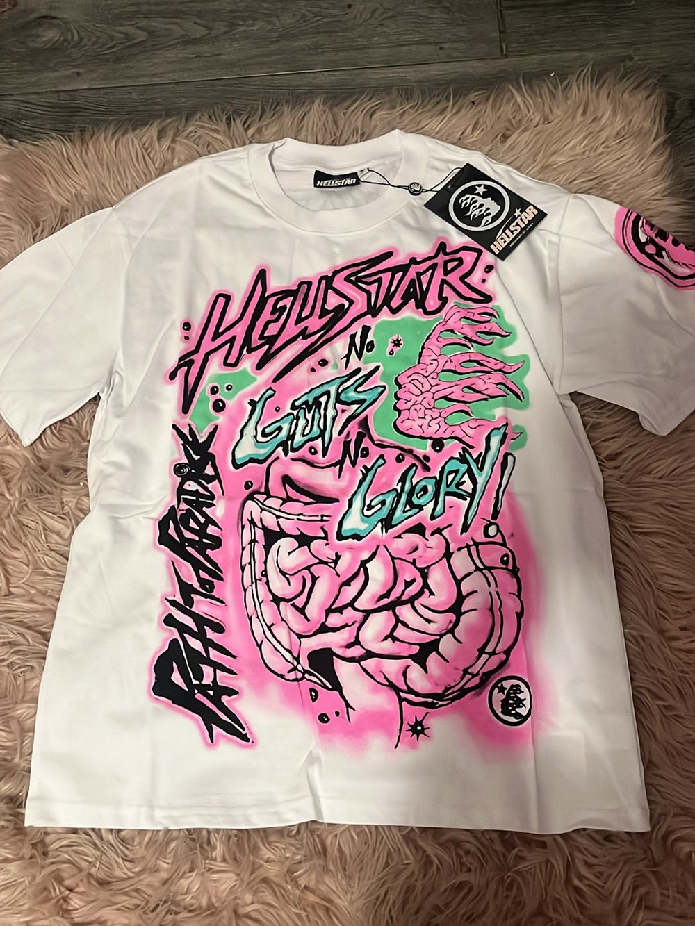 Hellstar White Short-Sleeve Graphic Tee with Pink & Green Art